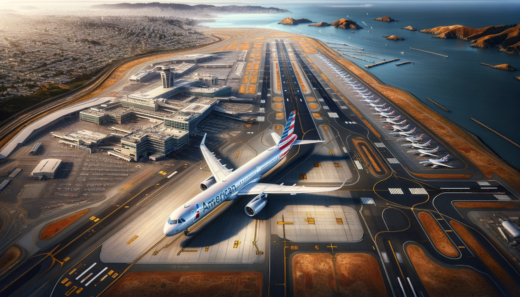 Aerial view of San Francisco Airport with a focus on an American Airlines